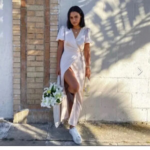 Express Satin Puff Sleeve Belted‎ Wrap Maxi Dress NWT Small 0172